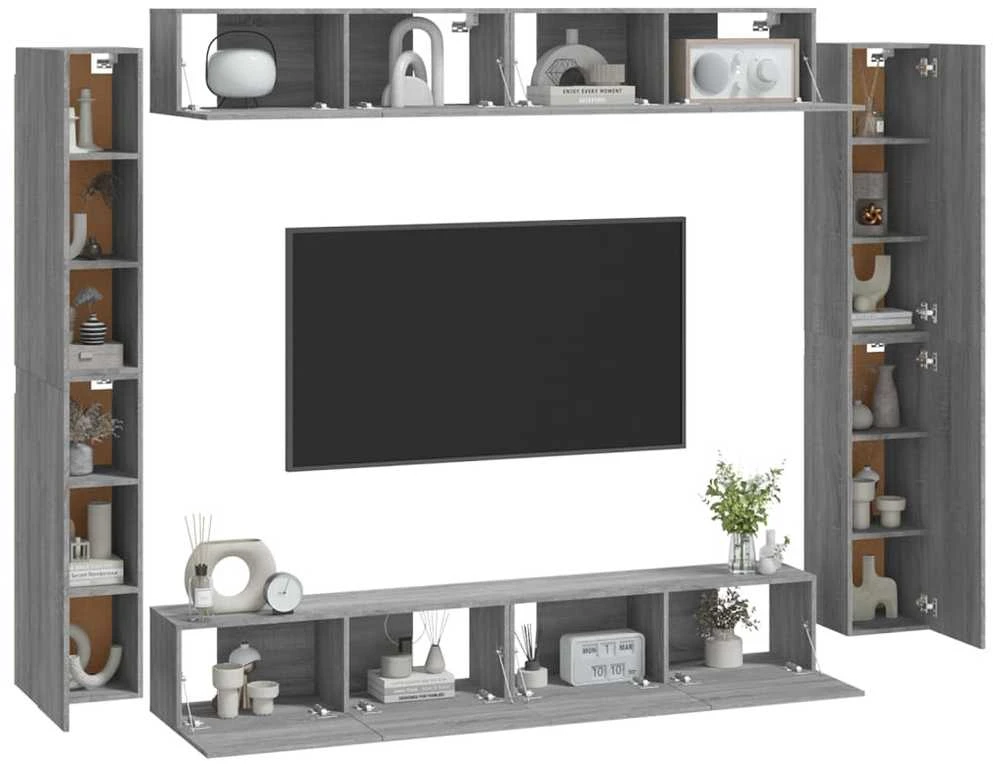 TV staliukas TV spintelių komplektas, 8 dalių, pilkas ąžuolo, mediena