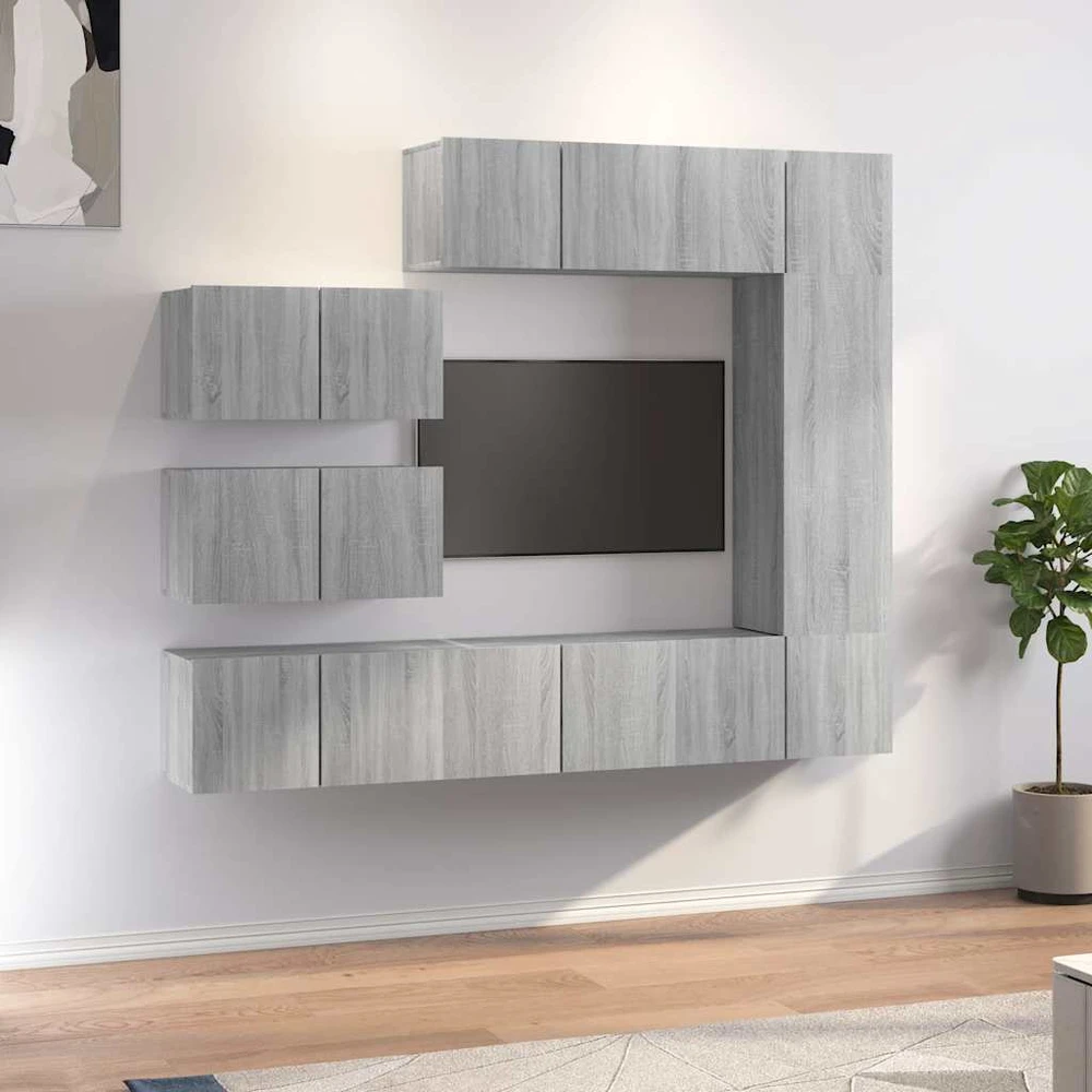 TV staliukas TV spintelių komplektas, 8 dalių, pilkas ąžuolo, mediena