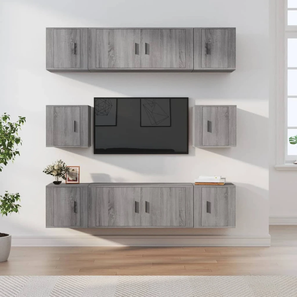 TV staliukas TV spintelių komplektas, 8 dalių, pilkas ąžuolo, mediena