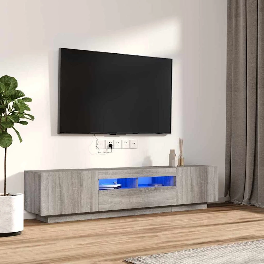 TV staliukas TV spintelių komplektas su LED, 2 dalių, pilkas ąžuolo, mediena