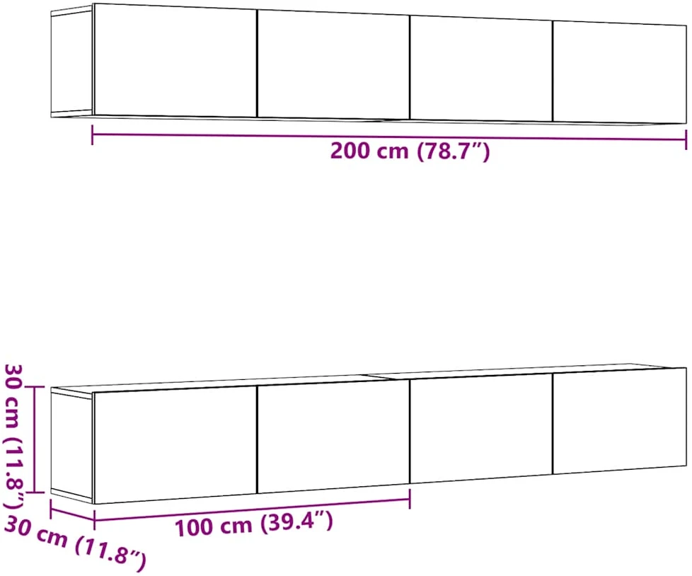TV staliukas 4 dalių prie sienos tvirtinamas televizoriaus spintelių komplektas, senos medienos drožlės, 100x30x30 cm