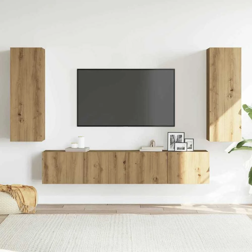 TV staliukas 4 dalių sieninis televizoriaus spintelės komplektas