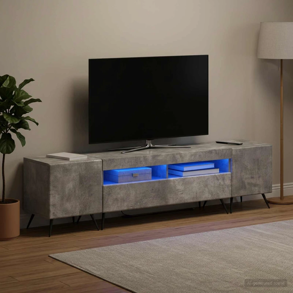 TV staliukas 3 dalių LED televizoriaus spintelė BREDA 3 vnt. Betono pilka