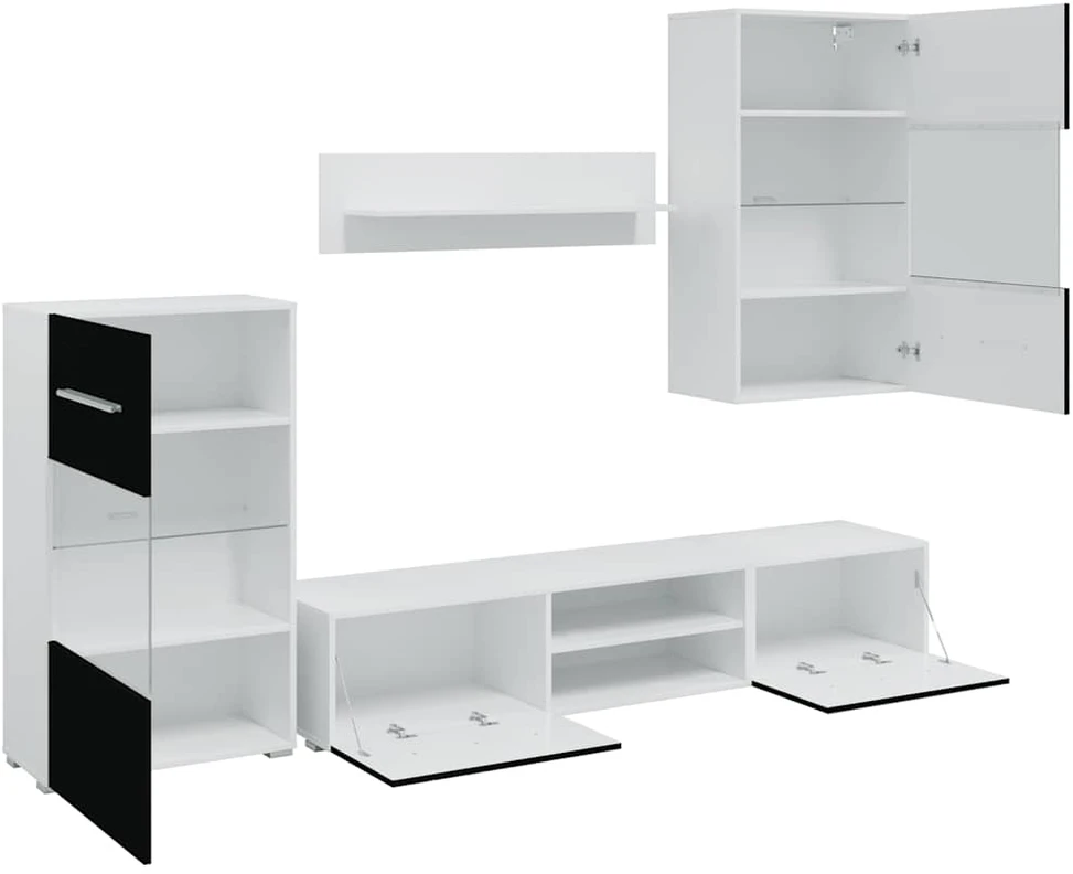 TV staliukas 5 dalių televizoriaus spintelės su LED apšvietimu, matinės juodos spalvos, inžinerinė mediena