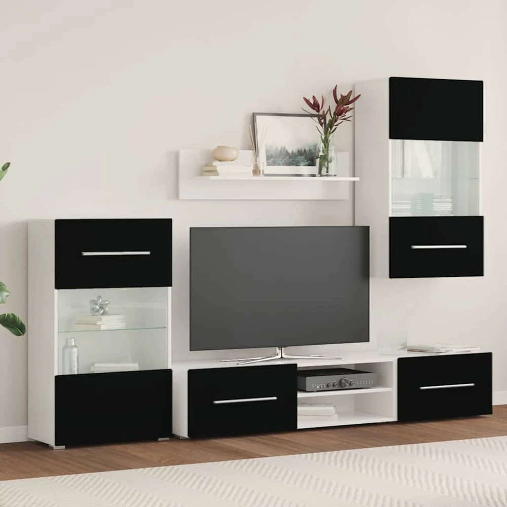 TV staliukas 5 dalių televizoriaus spintelės su LED apšvietimu, matinės juodos spalvos, inžinerinė mediena