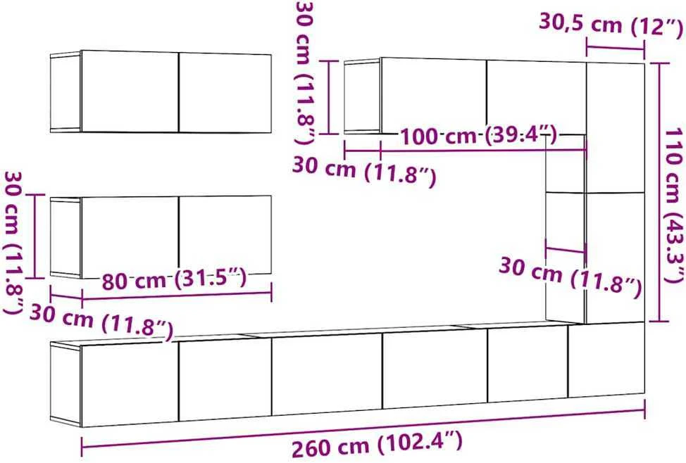 TV staliukas 7 dalių sieninis televizoriaus spintelės komplektas Artisan Oak