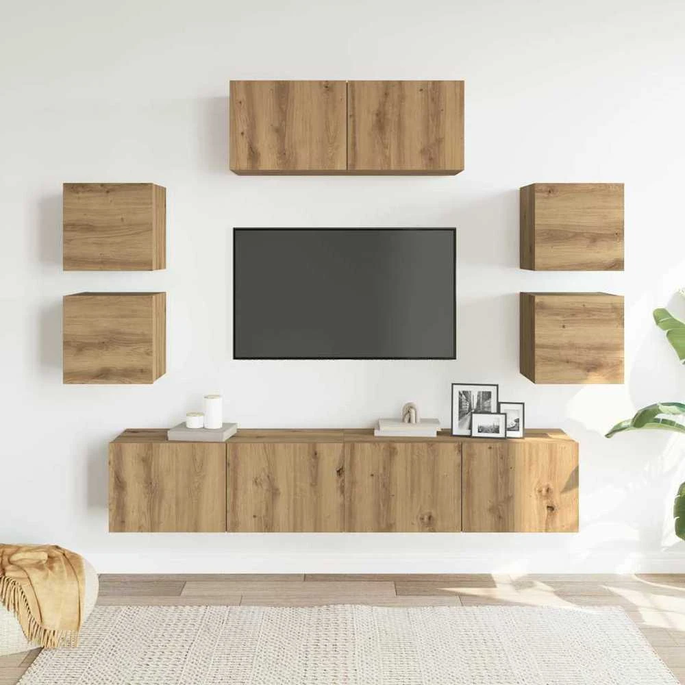 TV staliukas 7 dalių sieninis televizoriaus spintelės komplektas Artisan Oak