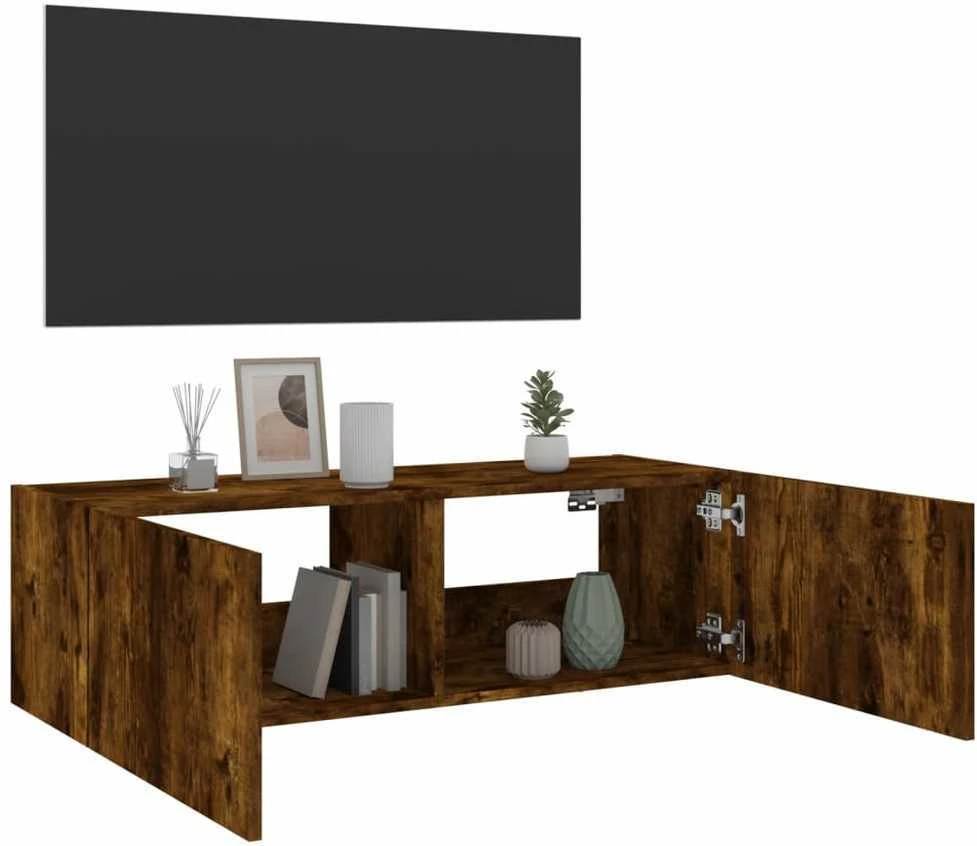TV staliukas Sieninė TV spintelė su LED lemputėmis, dūminė, 100x35x31cm