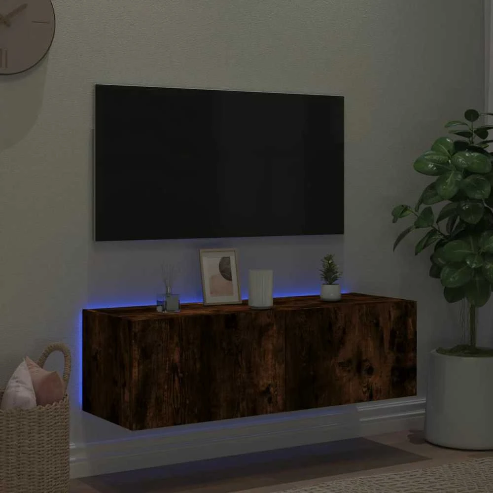 TV staliukas Sieninė TV spintelė su LED lemputėmis, dūminė, 100x35x31cm