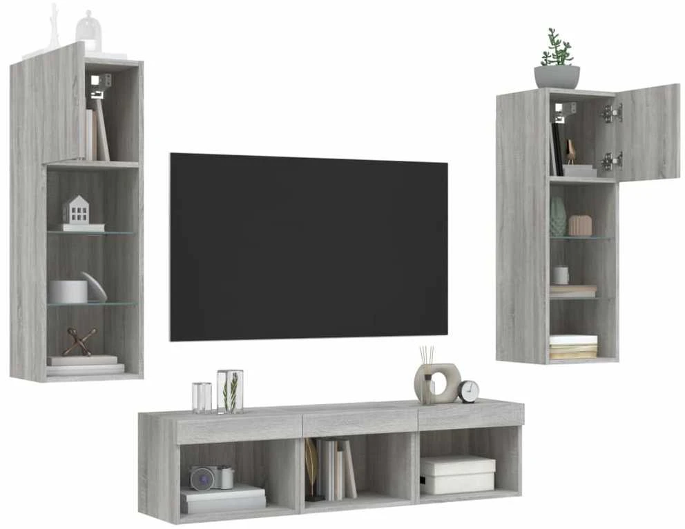 TV staliukas Sieninė TV sekcija su LED, 5 dalių, pilka ąžuolo, mediena