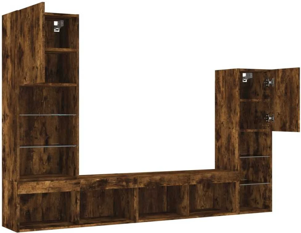TV staliukas Sieninė TV sekcija su LED, 4 dalių, dūminio ąžuolo, mediena