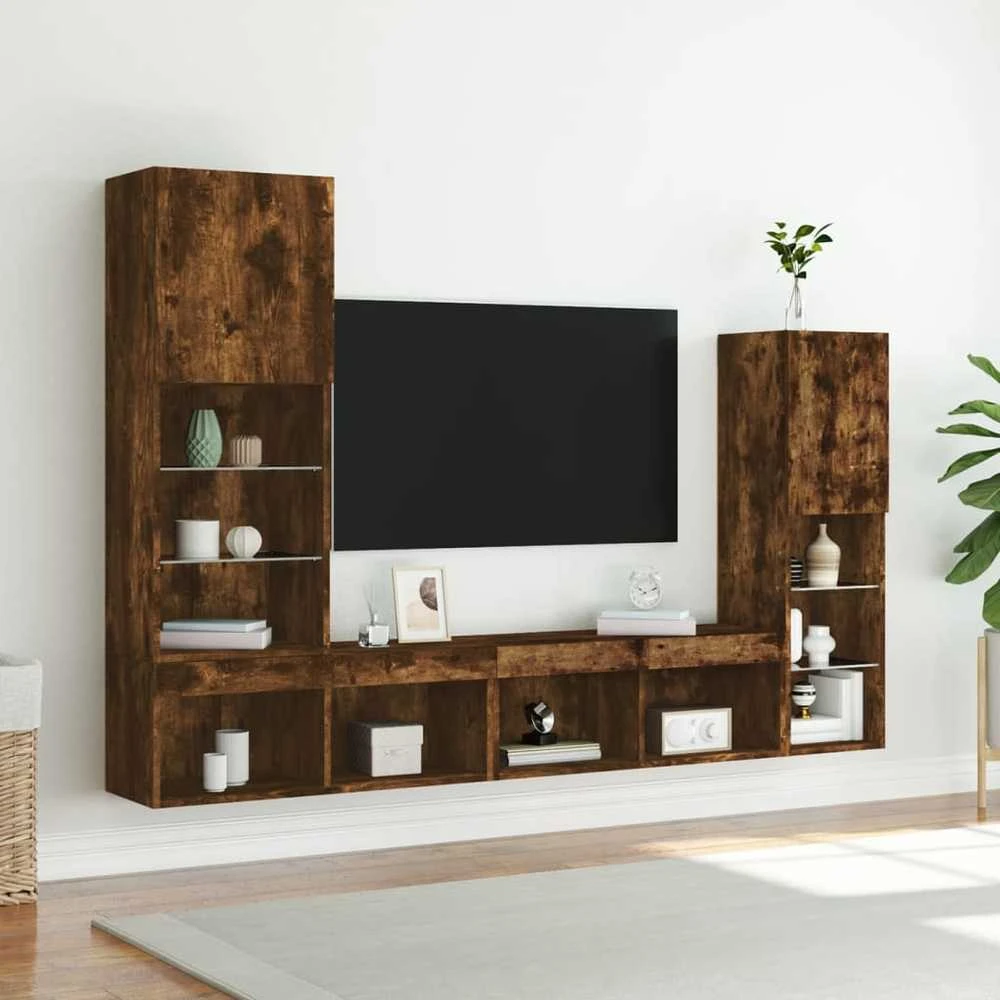 TV staliukas Sieninė TV sekcija su LED, 4 dalių, dūminio ąžuolo, mediena
