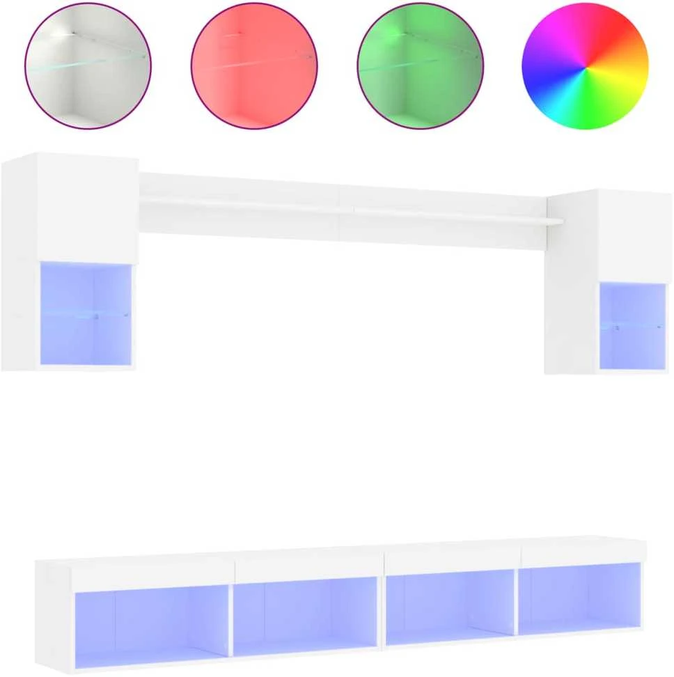 TV staliukas Sieninė TV sekcija su LED, 6 dalių, balta, apdirbta mediena
