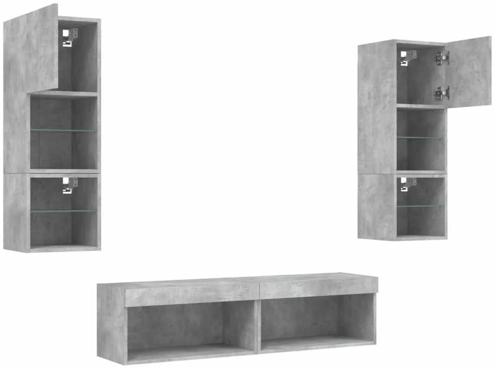 TV staliukas Sieninė TV sekcija su LED, 6 dalių, betono, apdirbta mediena