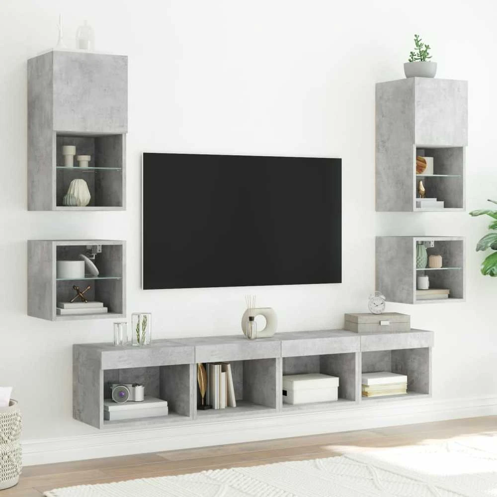 TV staliukas Sieninė TV sekcija su LED, 8 dalių, betono, apdirbta mediena