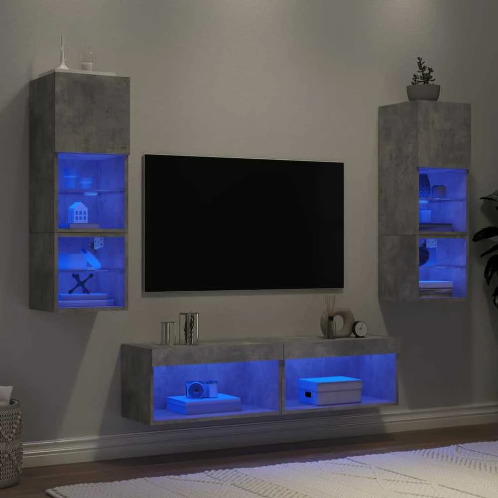 TV staliukas Sieninė TV sekcija su LED, 6 dalių, betono, apdirbta mediena