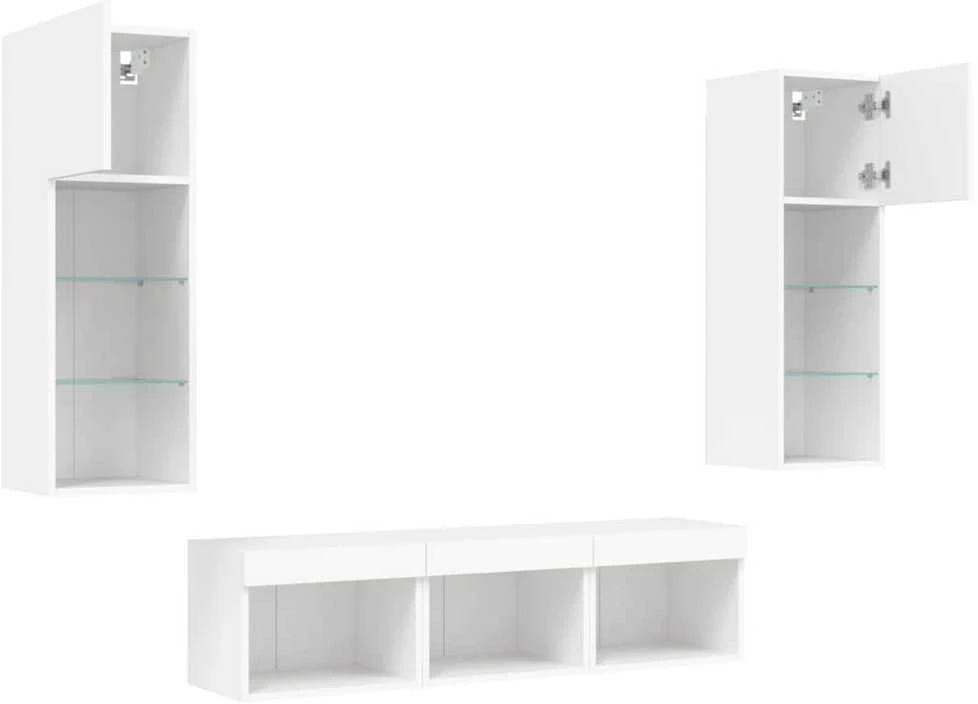 TV staliukas Sieninė TV sekcija su LED, 5 dalių, balta, apdirbta mediena