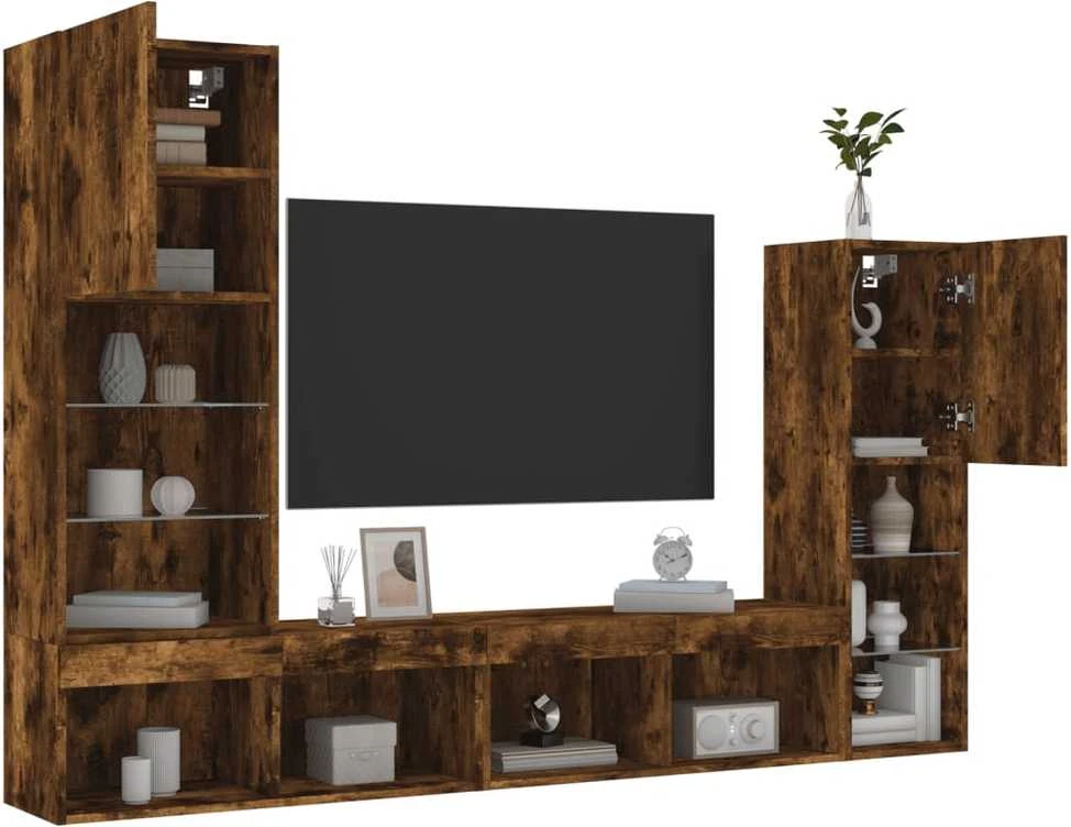 TV staliukas Sieninė TV sekcija su LED, 4 dalių, dūminio ąžuolo, mediena