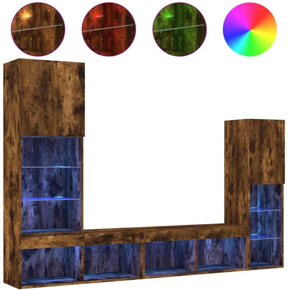 TV staliukas Sieninė TV sekcija su LED, 4 dalių, dūminio ąžuolo, mediena