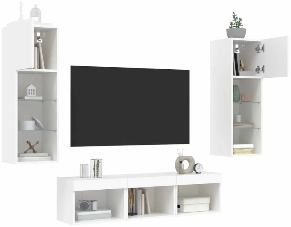 TV staliukas Sieninė TV sekcija su LED, 5 dalių, balta, apdirbta mediena