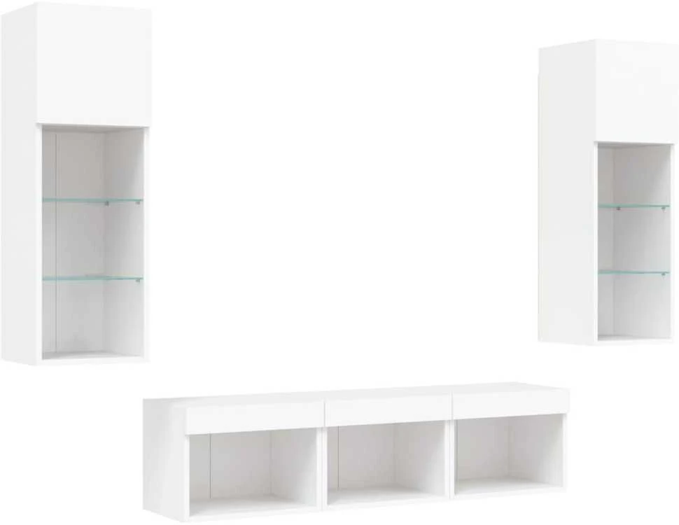 TV staliukas Sieninė TV sekcija su LED, 5 dalių, balta, apdirbta mediena