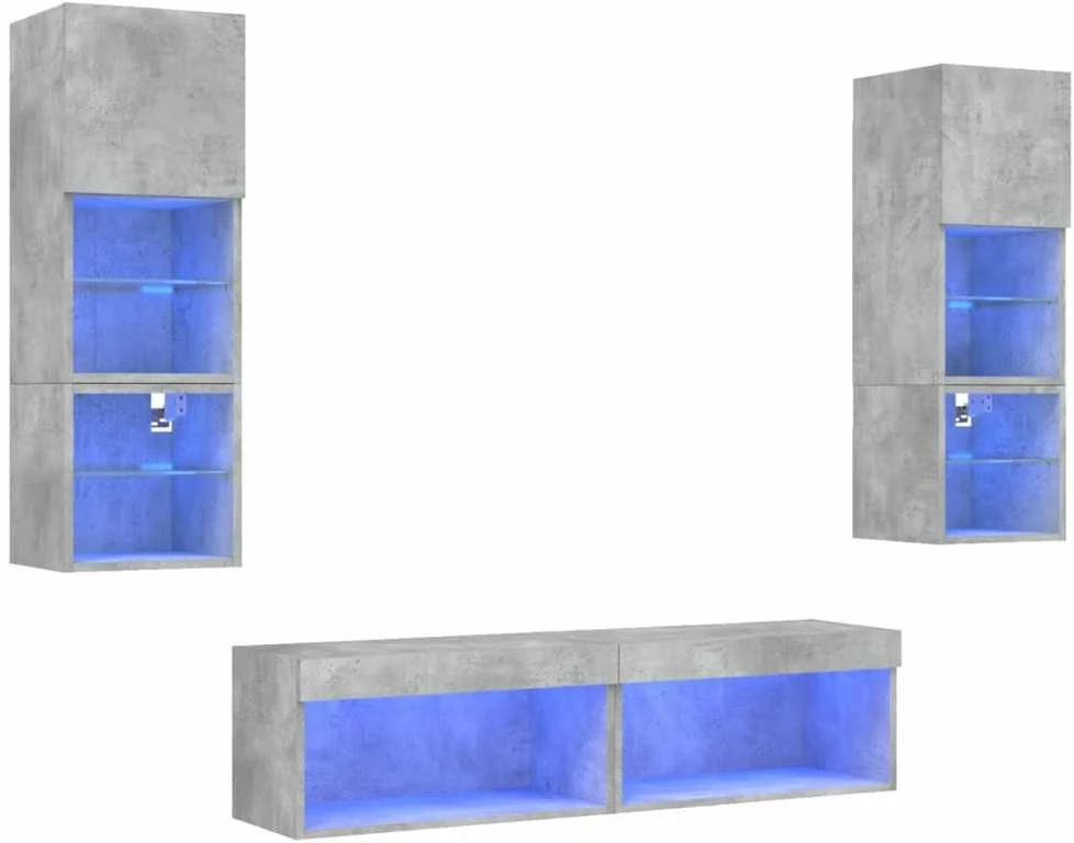 TV staliukas Sieninė TV sekcija su LED, 6 dalių, betono, apdirbta mediena