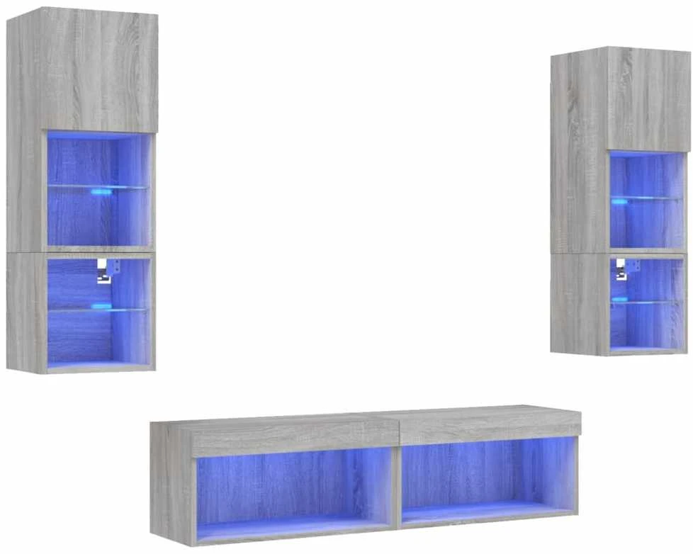 TV staliukas Sieninė TV sekcija su LED, 6 dalių, pilka ąžuolo, mediena