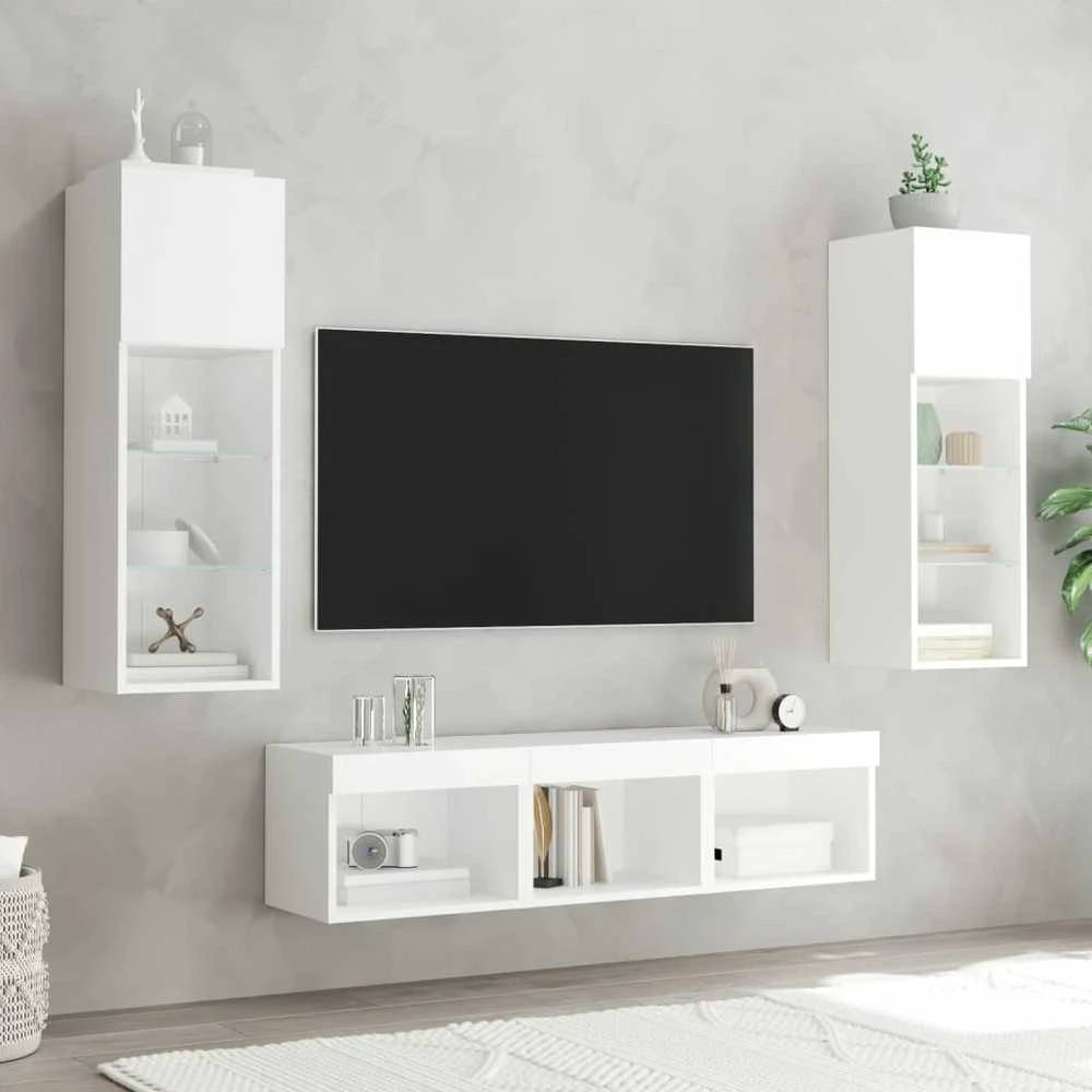 TV staliukas Sieninė TV sekcija su LED, 5 dalių, balta, apdirbta mediena