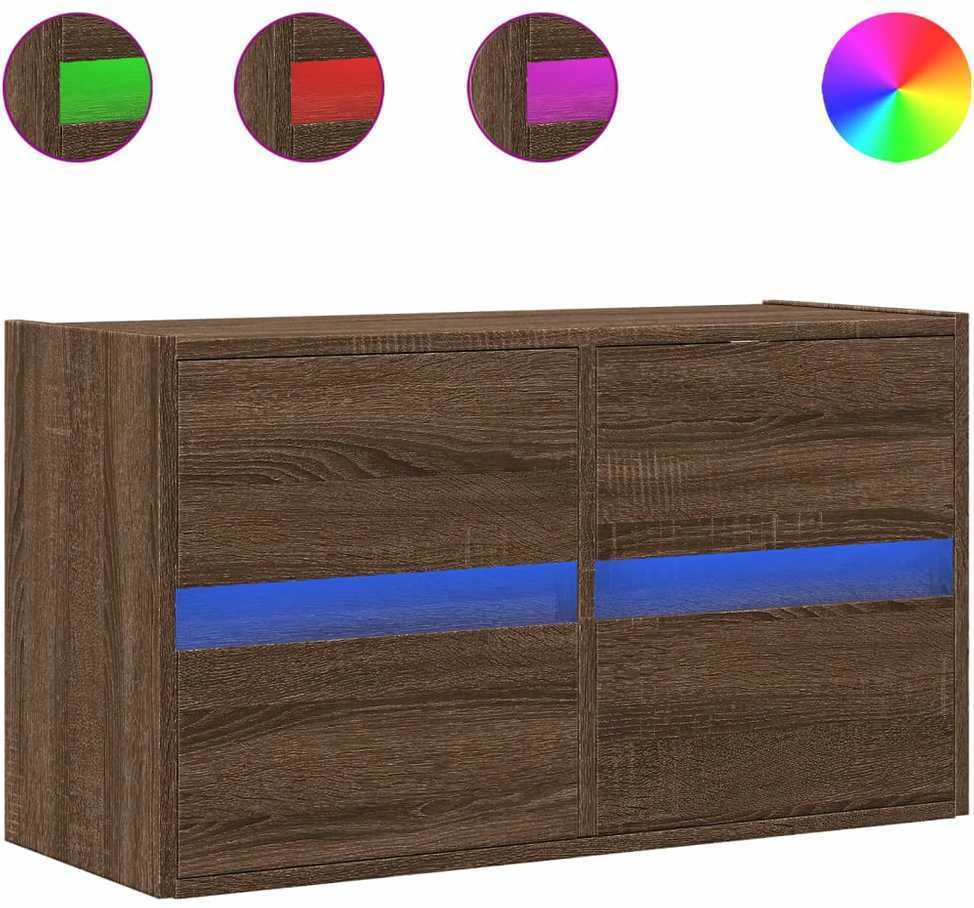 TV staliukas Sieninė TV spintelė su LED lemputėmis, ruda ąžuolo, 80x31x45cm