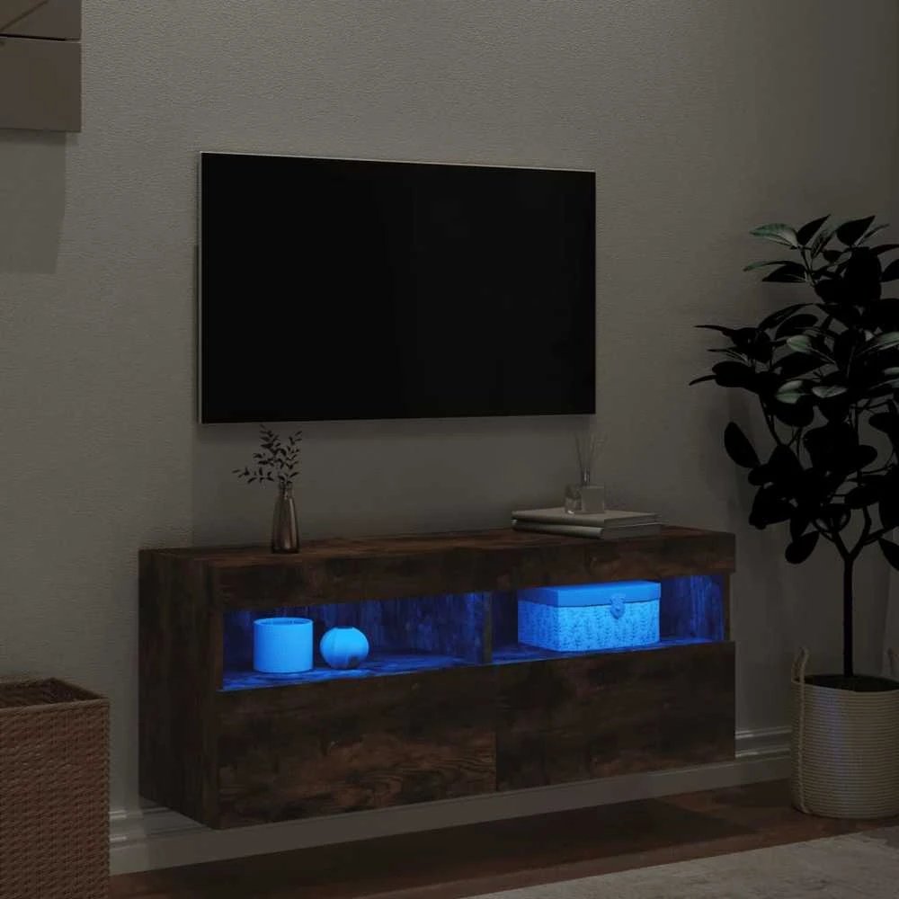 TV staliukas Sieninė TV spintelė su LED lemputėmis, dūminė, 100x30x40cm
