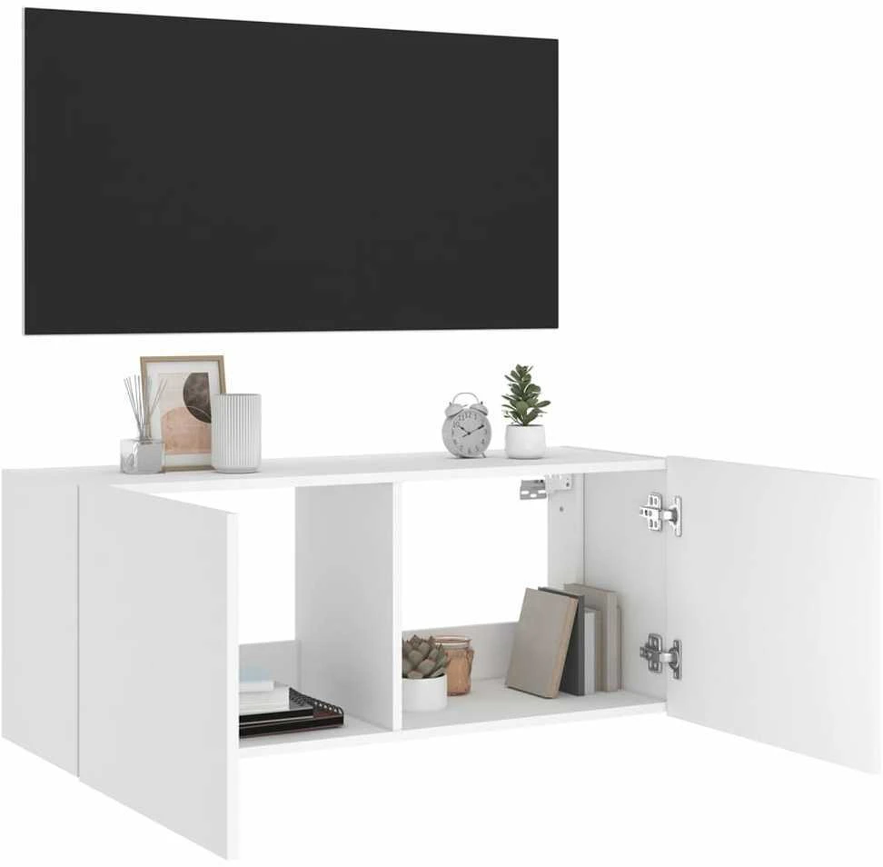 TV staliukas Sieninė TV spintelė su LED lemputėmis, balta, 100x35x41cm