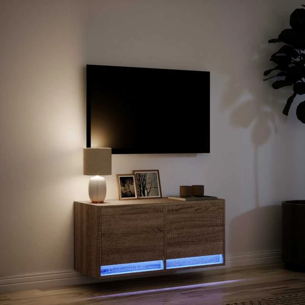 TV staliukas Sieninė TV spintelė su LED lemputėmis, ruda ąžuolo, 80x31x35cm