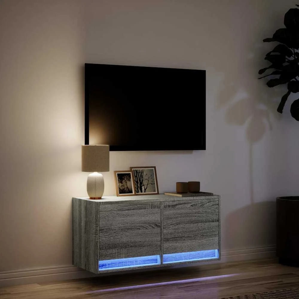 TV staliukas Sieninė TV spintelė su LED lemputėmis, pilka, 80x31x35cm
