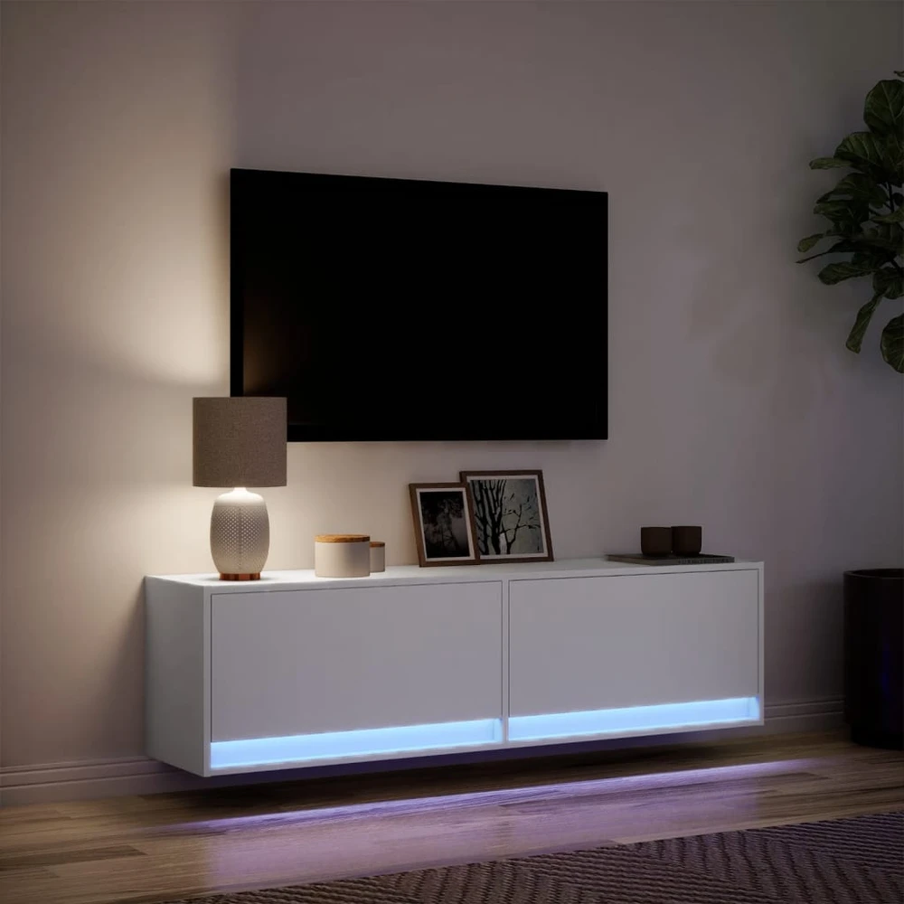 TV staliukas Sieninė TV spintelė su LED lemputėmis, balta, 140x31x38cm