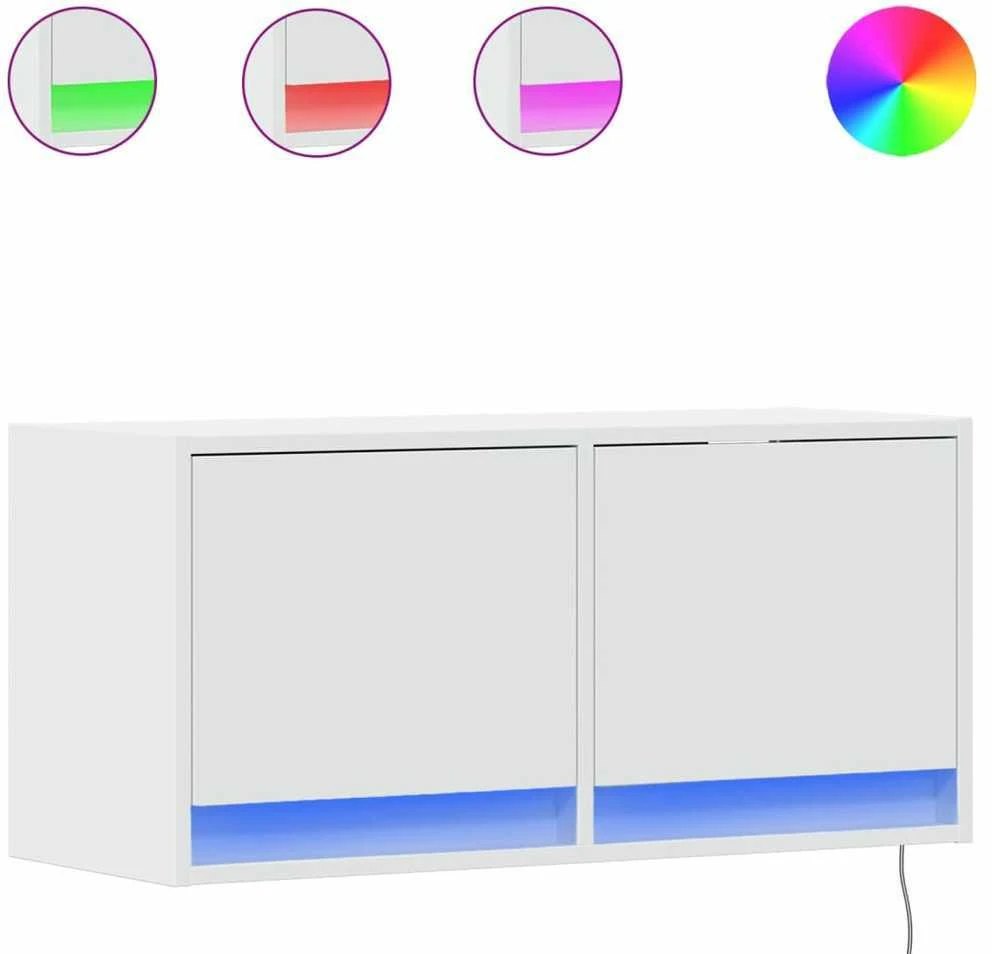 TV staliukas Sieninė TV spintelė su LED lemputėmis, balta, 80x31x35cm