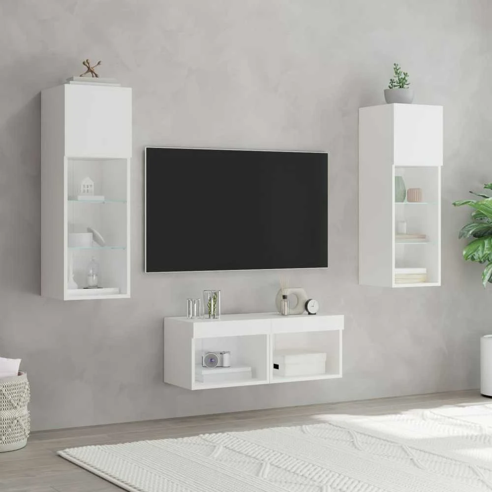 TV staliukas Sieninės TV spintelės su LED lemputėmis, 4 dalių, baltos