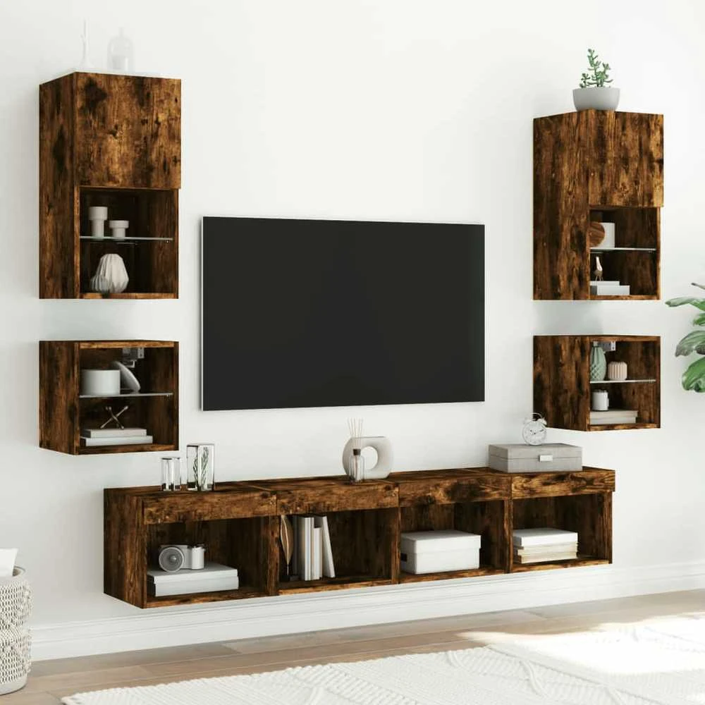 TV staliukas Sieninės TV spintelės su LED, 2vnt., dūminės, 30x28,5x30cm