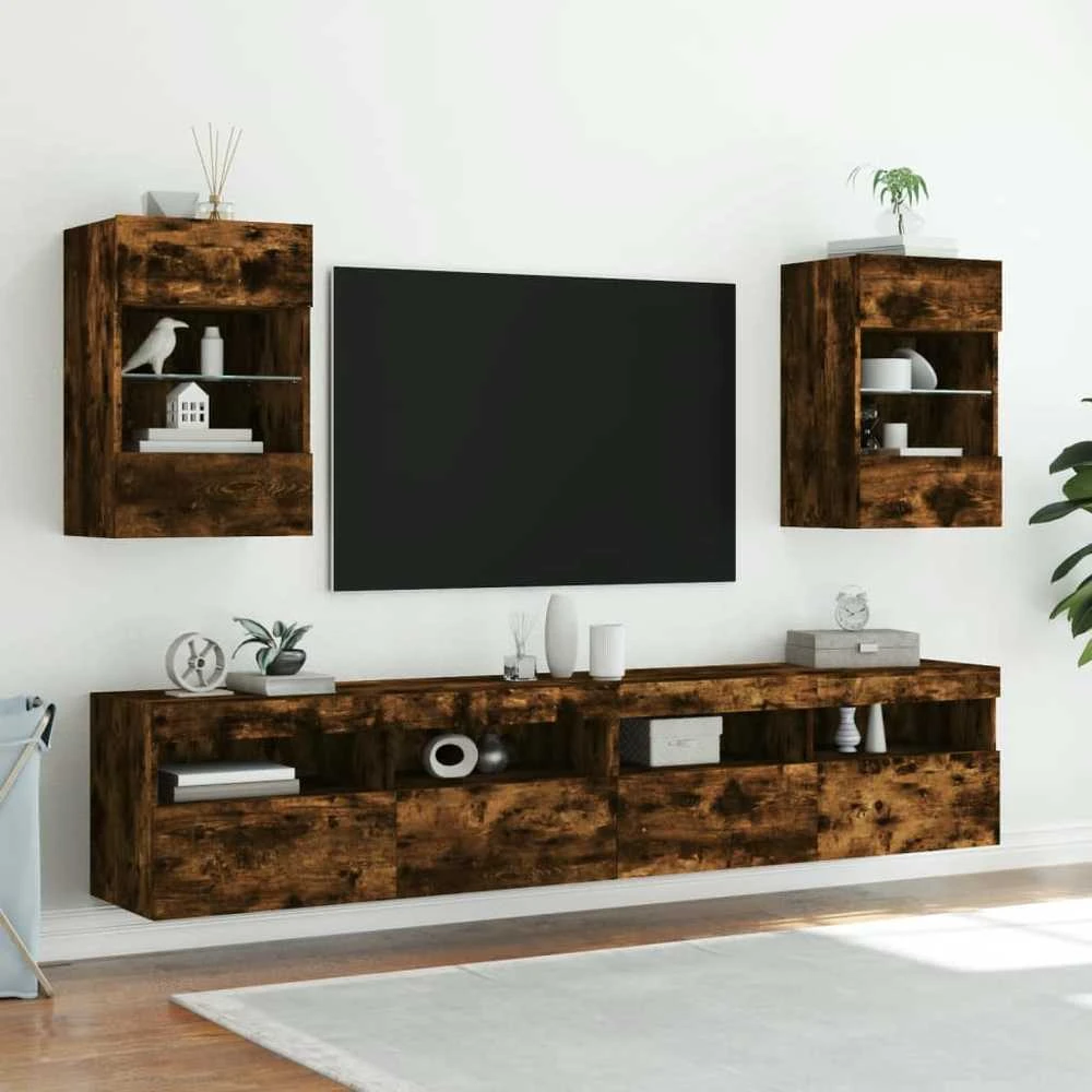 TV staliukas Sieninės TV spintelės su LED, 2vnt., dūminės, 40x30x60,5cm