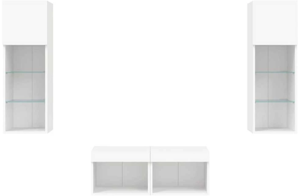 TV staliukas Sieninės TV spintelės su LED lemputėmis, 4 dalių, baltos