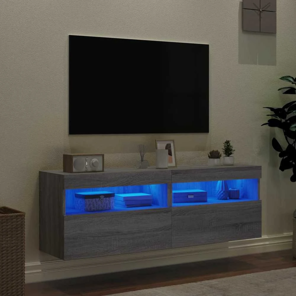 TV staliukas Sieninės TV spintelės su LED, 2vnt., pilka ąžuolo, 60x30x40cm