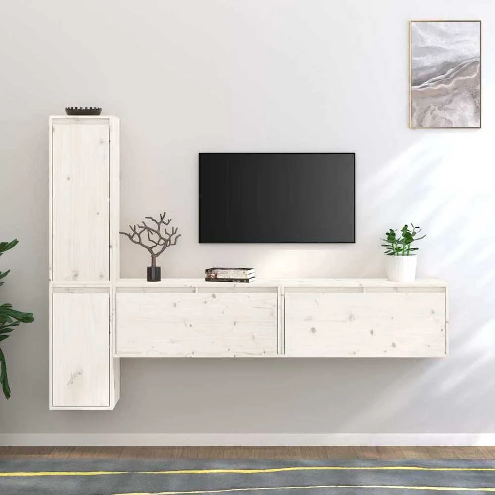 TV staliukas Televizoriaus spintelės, 4vnt., baltos, pušies medienos masyvas