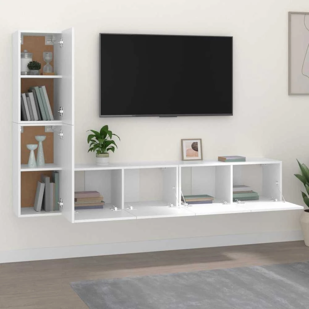 TV staliukas Televizoriaus spintelių komplektas, 4 dalių, baltas, mediena