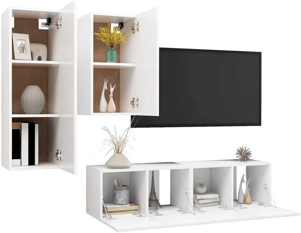TV staliukas Televizoriaus spintelių komplektas, 4 dalių, baltas, mediena