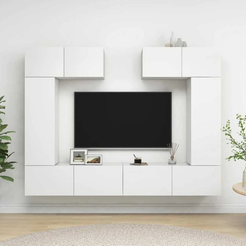 TV staliukas Televizoriaus spintelių komplektas, 6 dalių, baltas, mediena