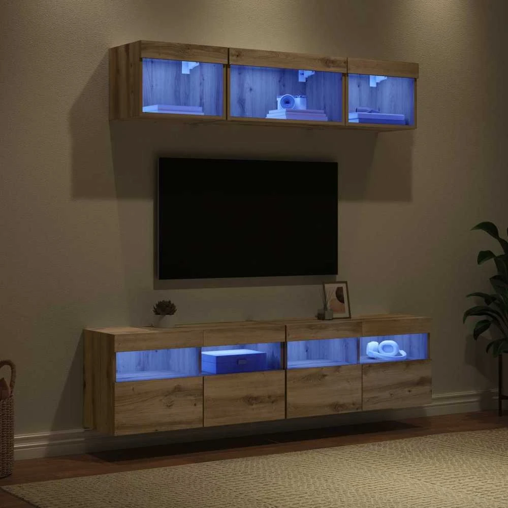 TV staliukas Televizorių sieniniai baldai su LED 5 vnt. Amatininkų ąžuolas