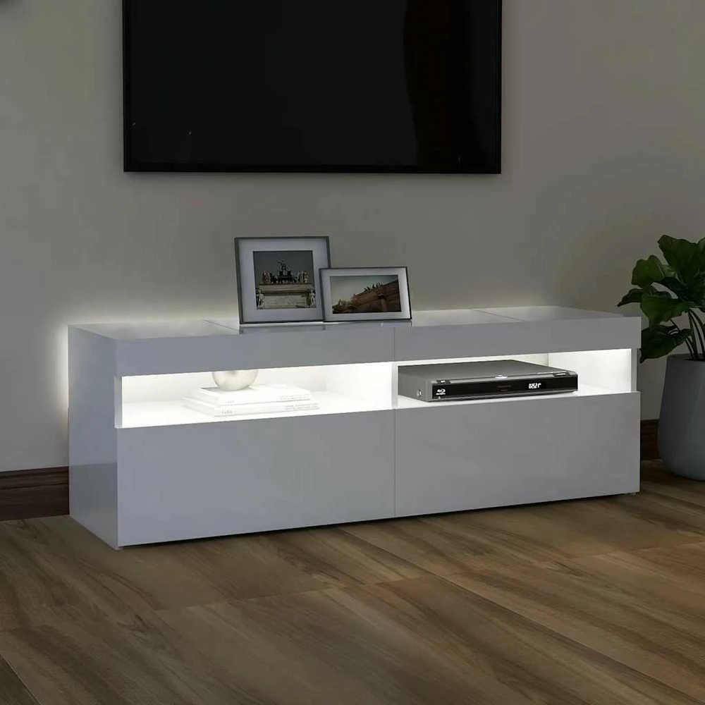 TV staliukas TV spintelė su LED apšvietimu, balta, 120x35x40cm, blizgi