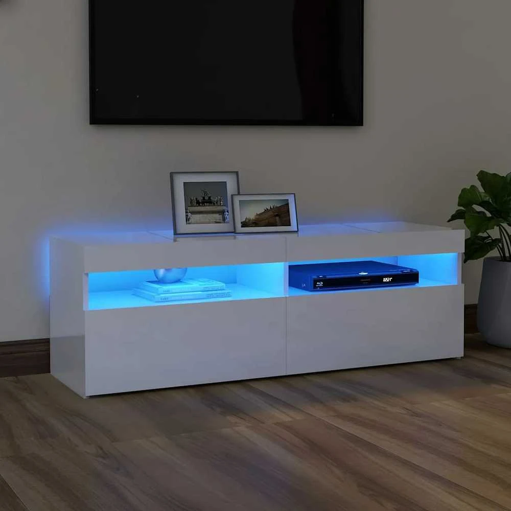 TV staliukas TV spintelė su LED apšvietimu, balta, 120x35x40cm, blizgi