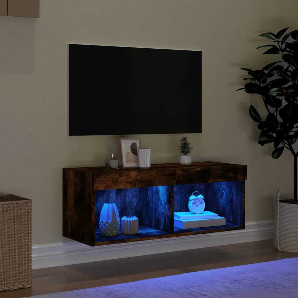 TV staliukas TV spintelė su LED lemputėmis, dūminio ąžuolo, 80x30x30cm