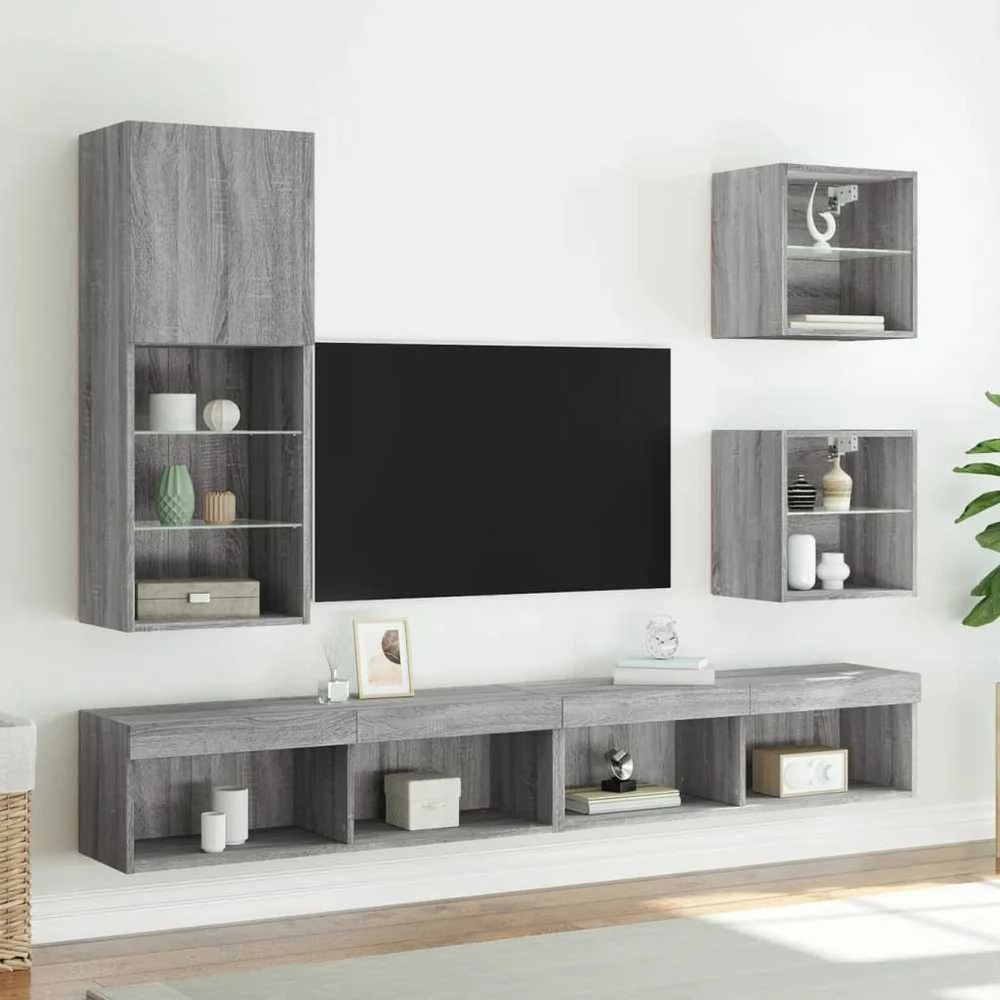 TV staliukas TV spintelė su LED lemputėmis, pilka ąžuolo, 40,5x30x102cm