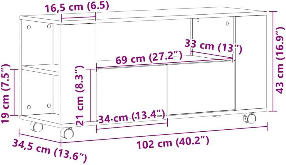 TV staliukas TV spintelė su ratukais, juodas ąžuolas, 102x34,5x43cm, mediena
